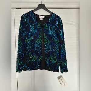 NWT Vintage LAURENCE KAZAR 1980’s Hand Beaded Sequin Top, Glam Blues Greens, XL